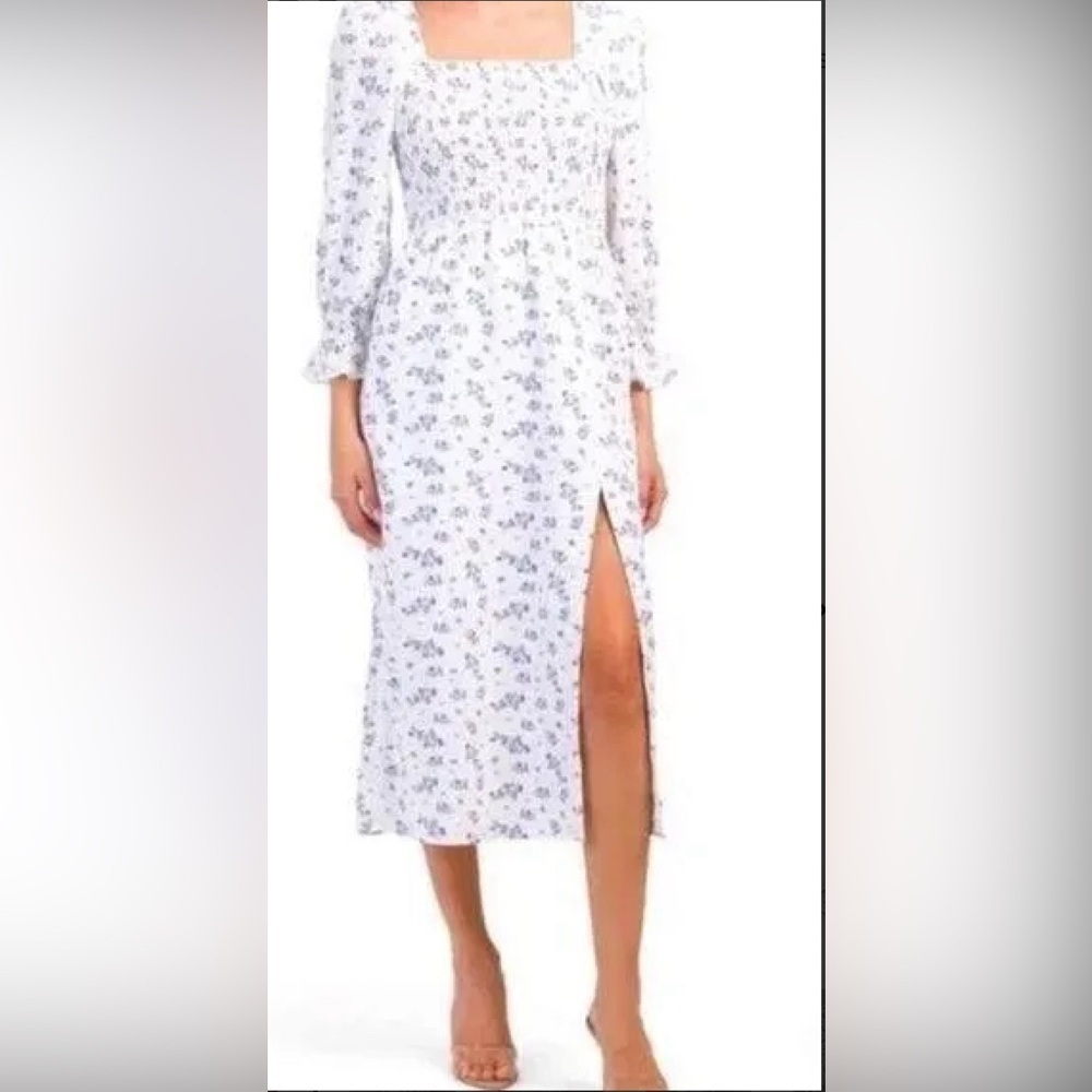 House of Harlow 1960 Linen Smocked Floral Midi Dress size M